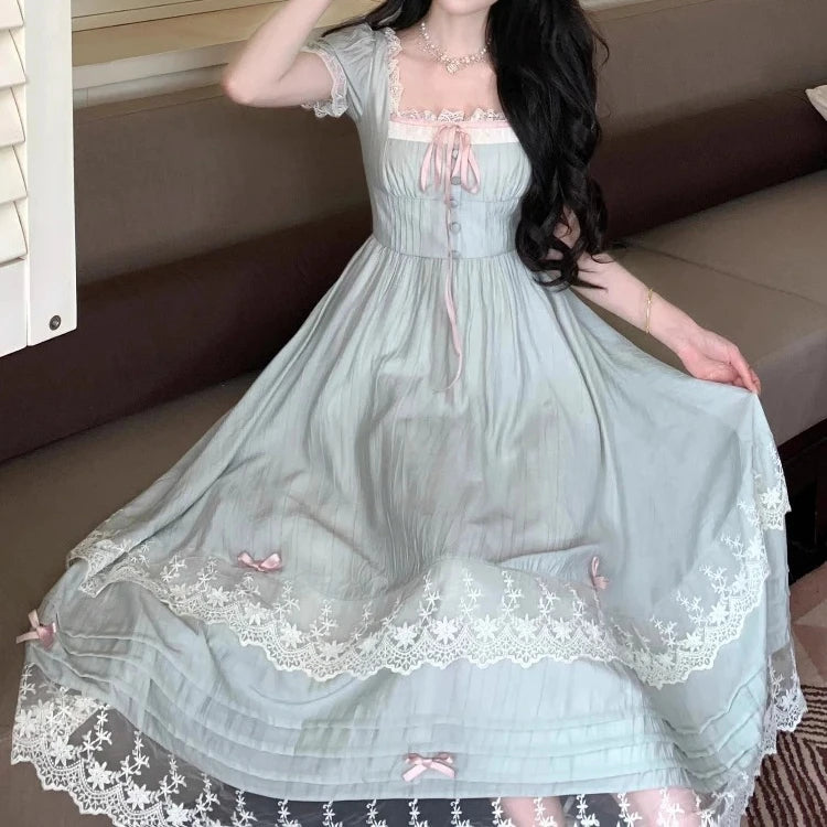 French Gentle Style Vintage Women Dress Sweet Bow Short Sleeve Dress Lace Splice Korean Popular Chic Long Dress New Summer 2025