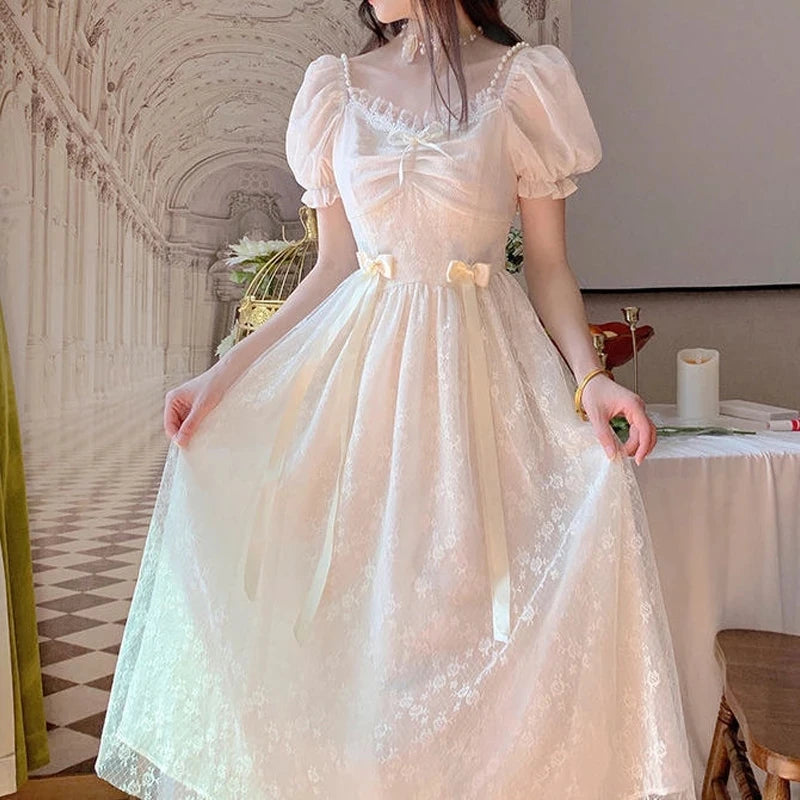 Elegant Princess Dress Women Vintage Lace-up Party Long Fairy Dresses for Women 2023 Summer Victorian Wedding Midi Dress Korean