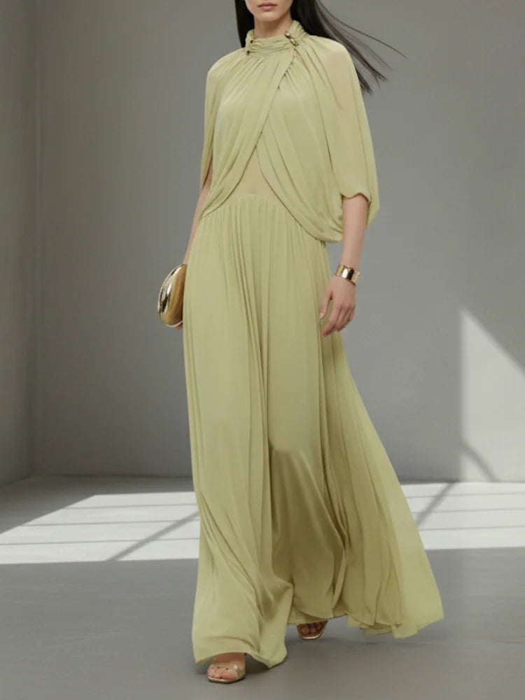 Chic Chiffon Pleated Maxi Dress Women Elegant Flutter Sleeve Turtleneck Patchwork Long Dresses 2026 Lady New Evening Party Gowns