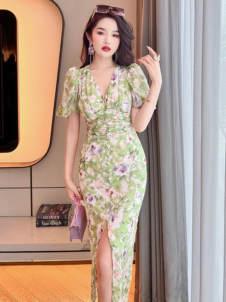 Elegant Long Dress Women Sweet Gentle Green Floral Chiffon Single Breasted Slit Robes Femme Holiday Vacation Party Vestido Mujer